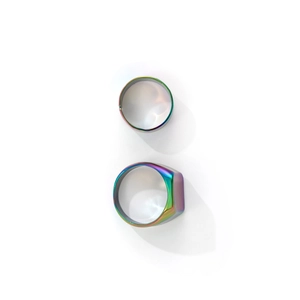Two-piece rainbow electroplated stainless steel ring set featuring square signet and thin band