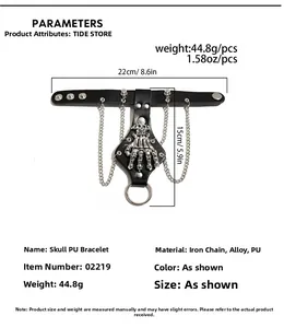 Bracelet gothique avec crâne et main de squelette en cuir PU noir et détails argentés