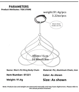 Detail showing men's PU ring body chain weight 91.4g and adjustable size specifications