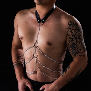 Men's punk black leather body chain harness with silver metal rings and tiered hanging chains