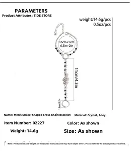 Detailed size parameters of silver snake hand chain with black crystal beads and ring