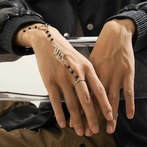 Silver snake hand harness bracelet with black beads and punk style ring for men