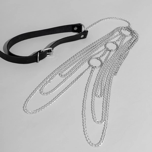 Punk style leather leg garter with multi-layered silver chains and ring details