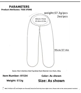 Silver hip hop body chain for men with waist and leg layers showing detailed dimensions