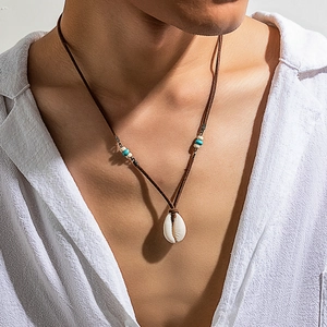 Collar con Colgante de Concha Natural Bohemio para Hombre Cordón de Terciopelo Vintage con Cuentas Turquesa Joyería de Playa de Aleación