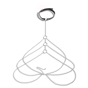 Punk style faux leather neck collar with multilayered silver heart body chains