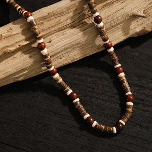 Bohemian mixed wood bead necklace for men featuring natural brown and white textures