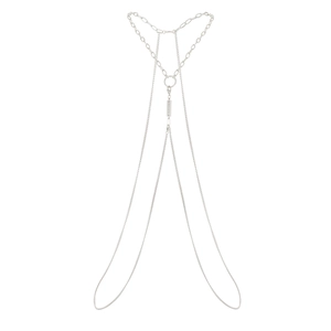 Minimalist silver stainless steel body chain with hip hop style tags and metal rings
