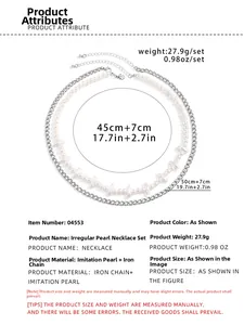 Detail showing irregular pearl necklace dimensions and silver chain size measurements
