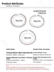 Size chart for 3-piece silver hip-hop bracelet set featuring length and weight details