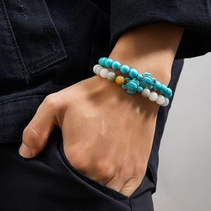 Men's turquoise beaded bracelet set with turtle charms for beach and casual wear