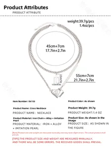 Detail showing layers of a silver-tone handcuff and cross necklace with pearls and sizes