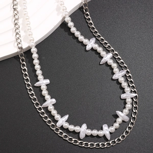 Men's hip hop double layer necklace with silver metal chain and irregular pearls