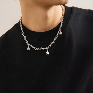 Collana a catena con spine hip hop argento da uomo con tre stelle a pentagramma