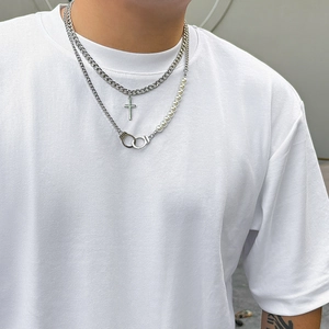 Men's double layer necklace with handcuffs, pearl stitching and cross pendant in retro silver
