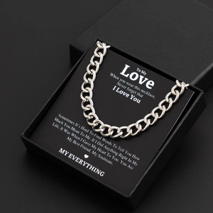 Men's minimalist silver Cuban chain necklace presented in a premium black gift box set