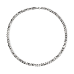 Minimalist silver steel Cuban link chain necklace with lobster clasp on white background