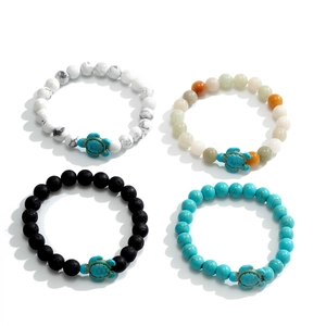 Men's turtle charm beaded bracelet set with white stone and black lava rock beads