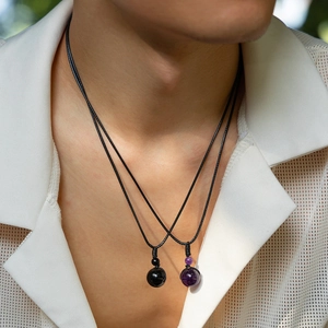 Men's hip hop set with black and purple stone sphere pendants on wax cord necklaces