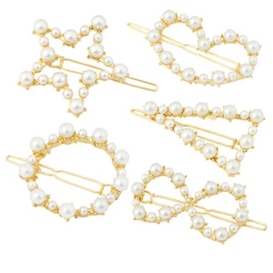 Set of 5 gold-toned geometric hair clips featuring faux pearls in star and heart shapes