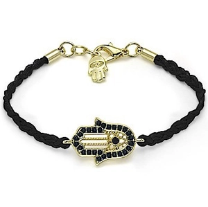 Detailed close-up of a black woven Hamsa hand bracelet with gold charms and black gems