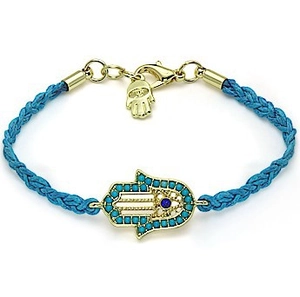 Close-up of blue braided Hamsa Hand bracelet with gold accents and turquoise beads
