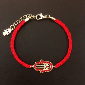 Handmade red braided Hamsa Hand bracelet with gold metal and red crystal pave