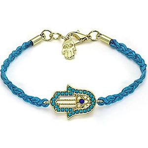 Handmade woven blue rope Hamsa hand bracelet with golden pendant and lobster clasp