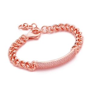 Elegant rose gold minimalist Cuban chain bracelet featuring a pink zircon bar charm