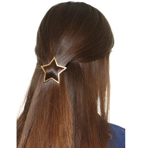 Detailed view of a gold hollow star hair clip on a model, elegant metal hair accessory
