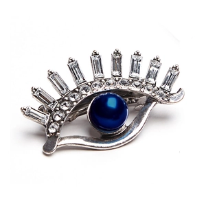Silver Evil Eye hair clip with blue pearl and sparkling white crystals on white background