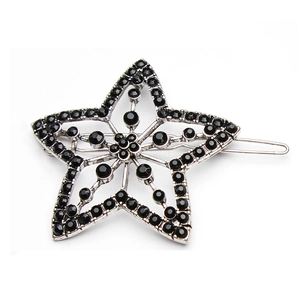 Star-shaped hair clip with black rhinestones and silver alloy base on white background