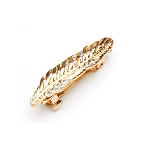 Elegant gold feather hair clip with sparkling rhinestones and delicate hollow pattern