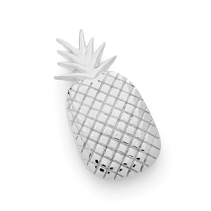 Close-up of a silver pineapple pendant featuring polished metallic texture and leaf detail