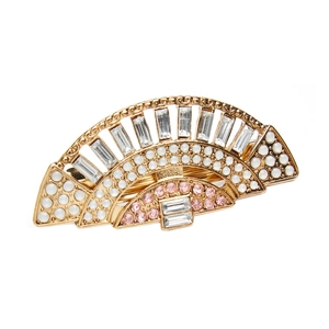Minimalist golden alloy fan hair clip with sparkling rhinestones and white beads