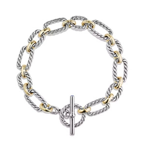 Detail of mixed-metal gold and silver cable chain bracelet with a toggle clasp