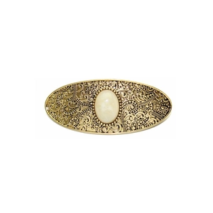 Vintage oval alloy hair clip with baroque patterns and white oval faux gemstone inlay