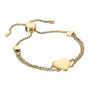 Detail of adjustable double-strand gold chain bracelet with a polished heart pendant