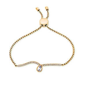 Detail of adjustable gold box chain bracelet with teardrop cubic zirconia pendant