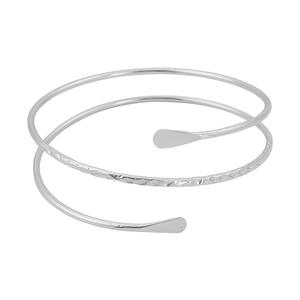 Minimalist silver triple spiral arm cuff with hammered texture and polished metal finish