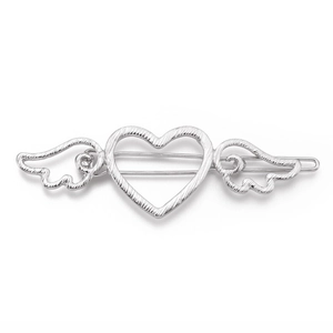 Silver alloy hair clip with hollow heart and angel wings design in a matte brushed finish