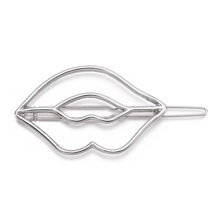 Minimalist silver hollow lip-shaped hair clip in geometric metal design on white background