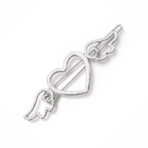 Silver alloy hollow heart and angel wing hair clip with metallic brushed texture finish
