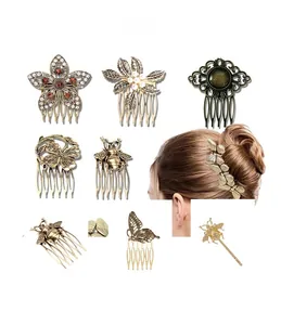 Macro detail of vintage alloy butterfly hair combs with faux pearls and rhinestones