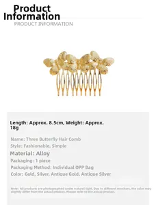 Detail specifications of golden alloy hair comb featuring a triple butterfly design
