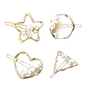 Minimalist pearl hair clip set with geometric star, round, and heart gold alloy shapes