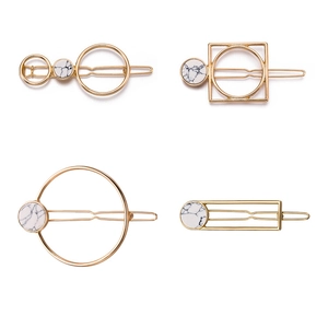 Minimalist Alloy Geometric Hair Clips With Marble Texture Gold Color Round Square Shape Elegant Hair Accessories For Women