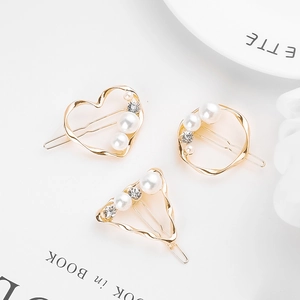 Elegant gold geometric pearl hair clip set with heart, circle, and triangle designs