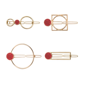Set of 4 minimalist geometric hair clips with red marble stones and gold alloy frames