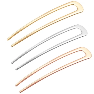 Three-piece set of U-shaped metal hairpins in gold, silver, and rose gold finishes